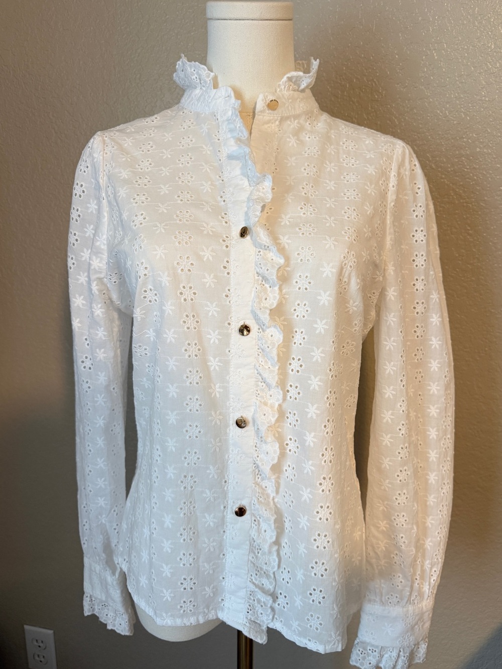 Classic White Eyelet Ruffle Button-Up Top